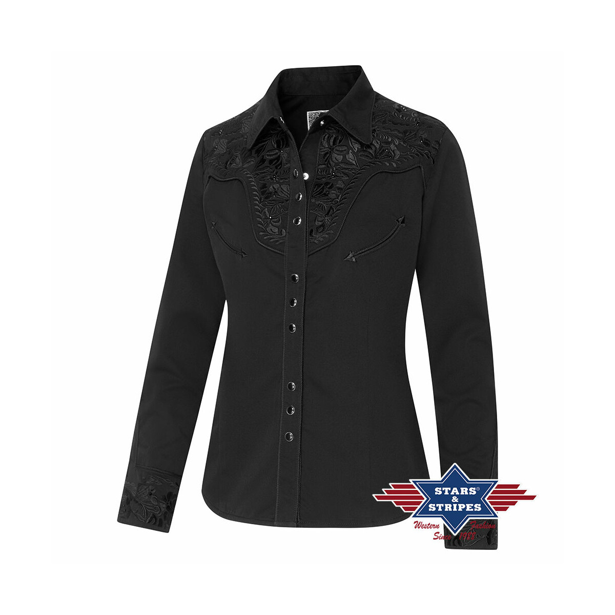 Elegante Schwarze Westernbluse mit Stickerei und Strasssteinen 3XL von Stars & Stripes