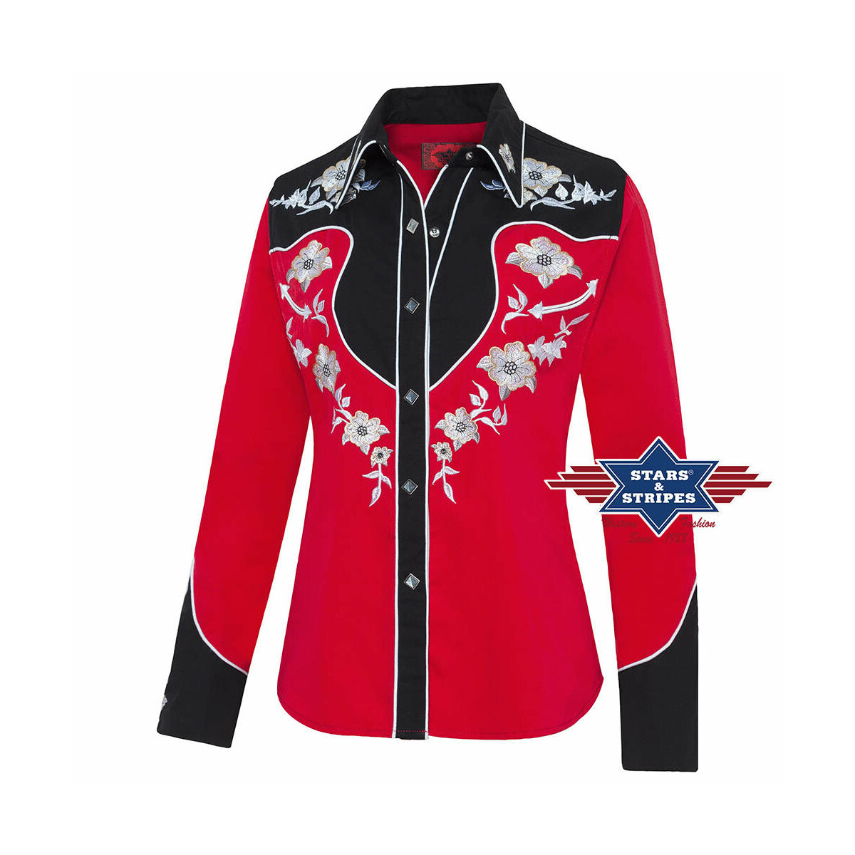 Exquisite rote Westernbluse Lynn" mit großartiger Stickerei L" von Stars & Stripes