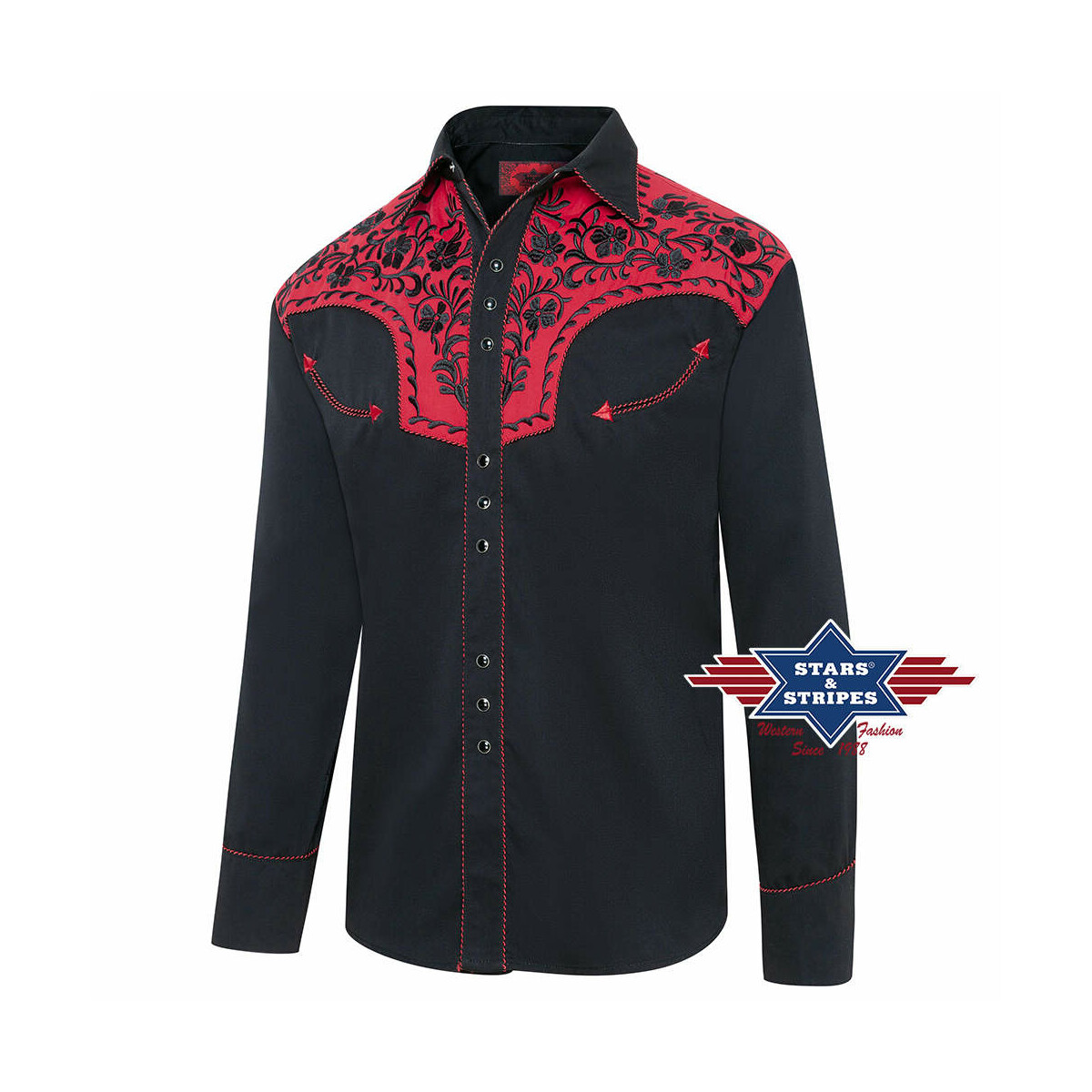 Exquisites schwarzes Westernhemd mit roter Westernpasse S von Stars & Stripes