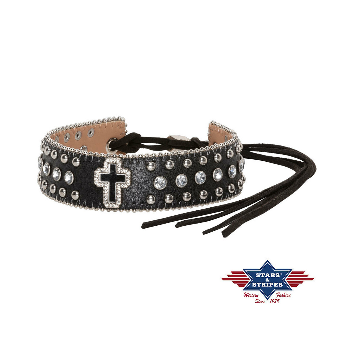 Dekoratives schwarzes Hutband mit einem strassbesetztem Kreuz von Stars & Stripes