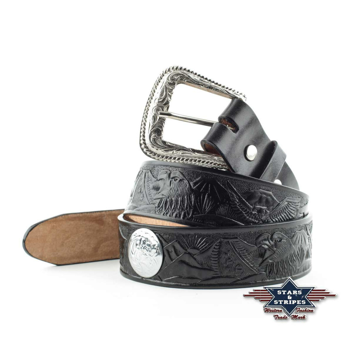 Herren Ledergürtel Westerngürtel guertel schwarz Prägung/Conchos WG-04 36 inch = 91 cm von Stars & Stripes