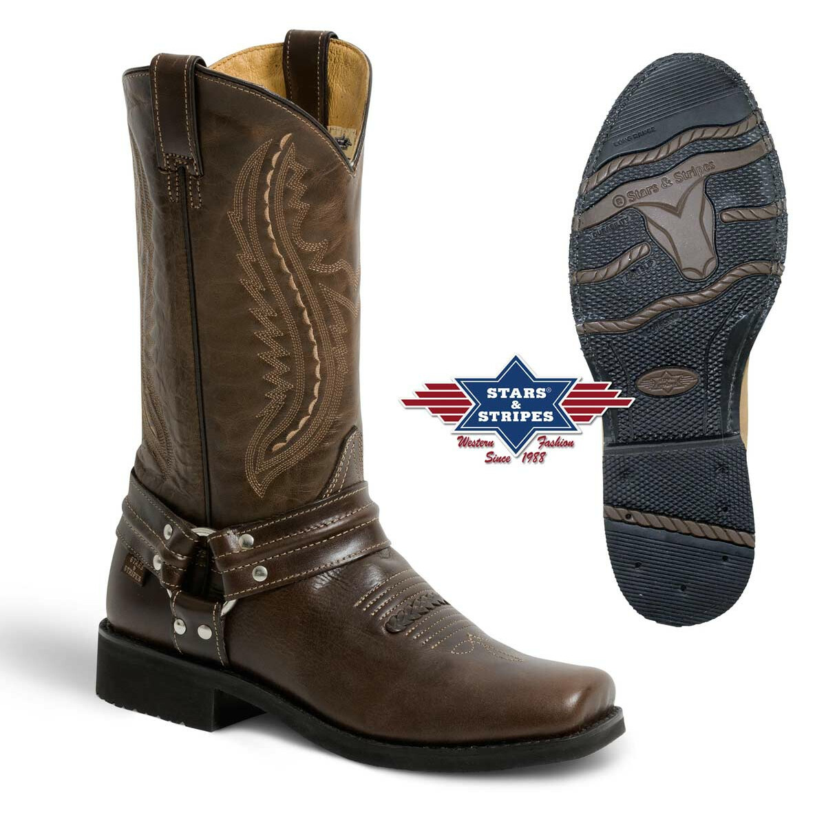 Herren Westernstiefel, Cowboysiefel braun 100% Rindsleder Stars&Stripes 42 von Stars & Stripes