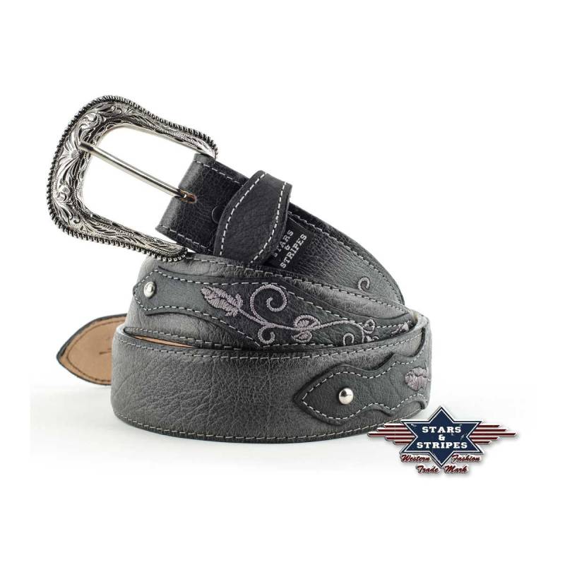 Hochwertiger Damen Westerngürtel, 100% Rindleder bestickt schwarz 32 inch von Stars & Stripes