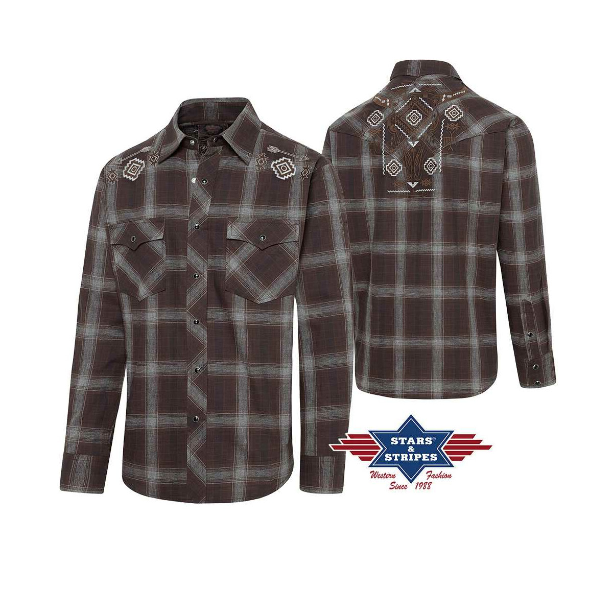 Kariertes Westernhemd mit Stickereien im Azteken-Look, braun L von Stars & Stripes