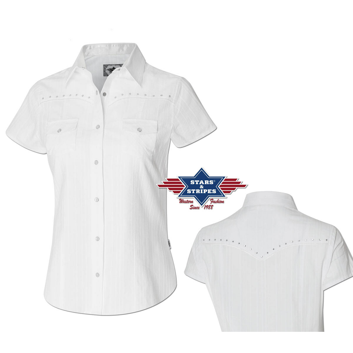 Kurzarm Damen Bluse Westernbluse Amelie" mit Strasssteinen weiss L" von Stars & Stripes