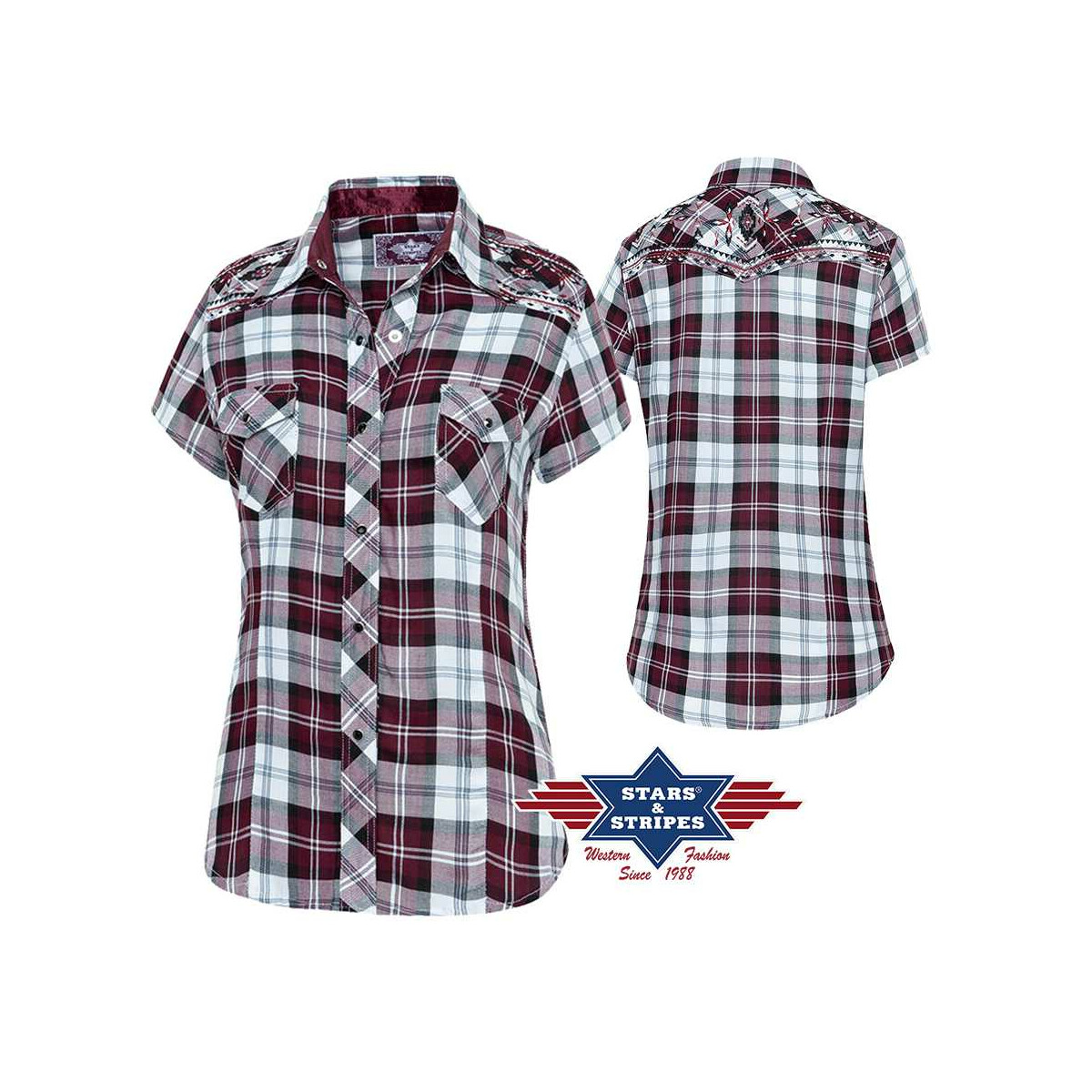 Kurzarm Damenbluse, Westernbluse Karobluse Pasadena" mit Stickerei 2XL" von Stars & Stripes