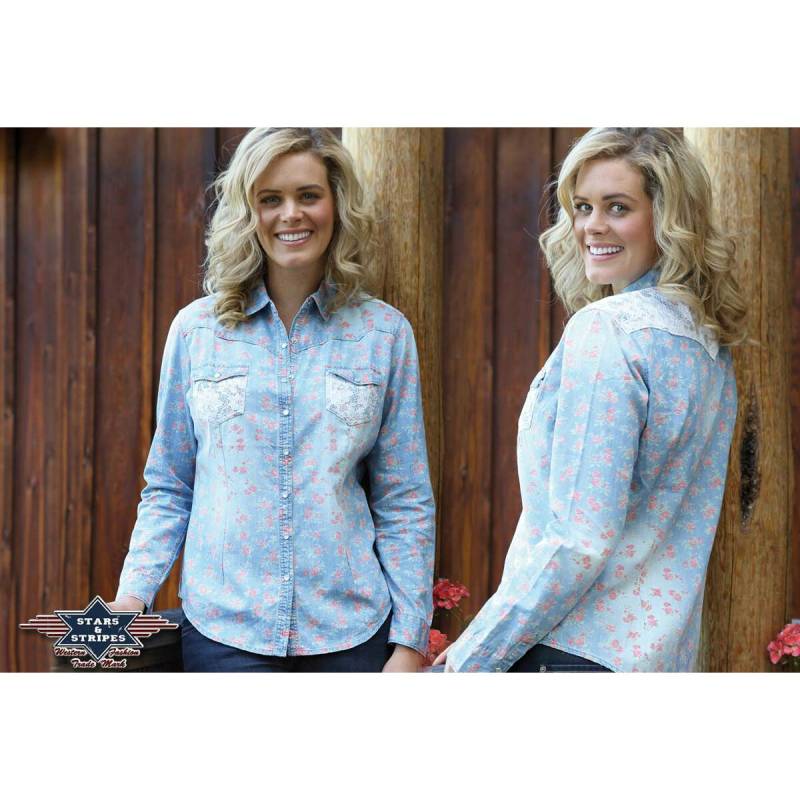 Langarm Damenbluse Jeansbluse im Westernstyle blau Blümchendruck u. Spitze Größe XXL von Stars & Stripes