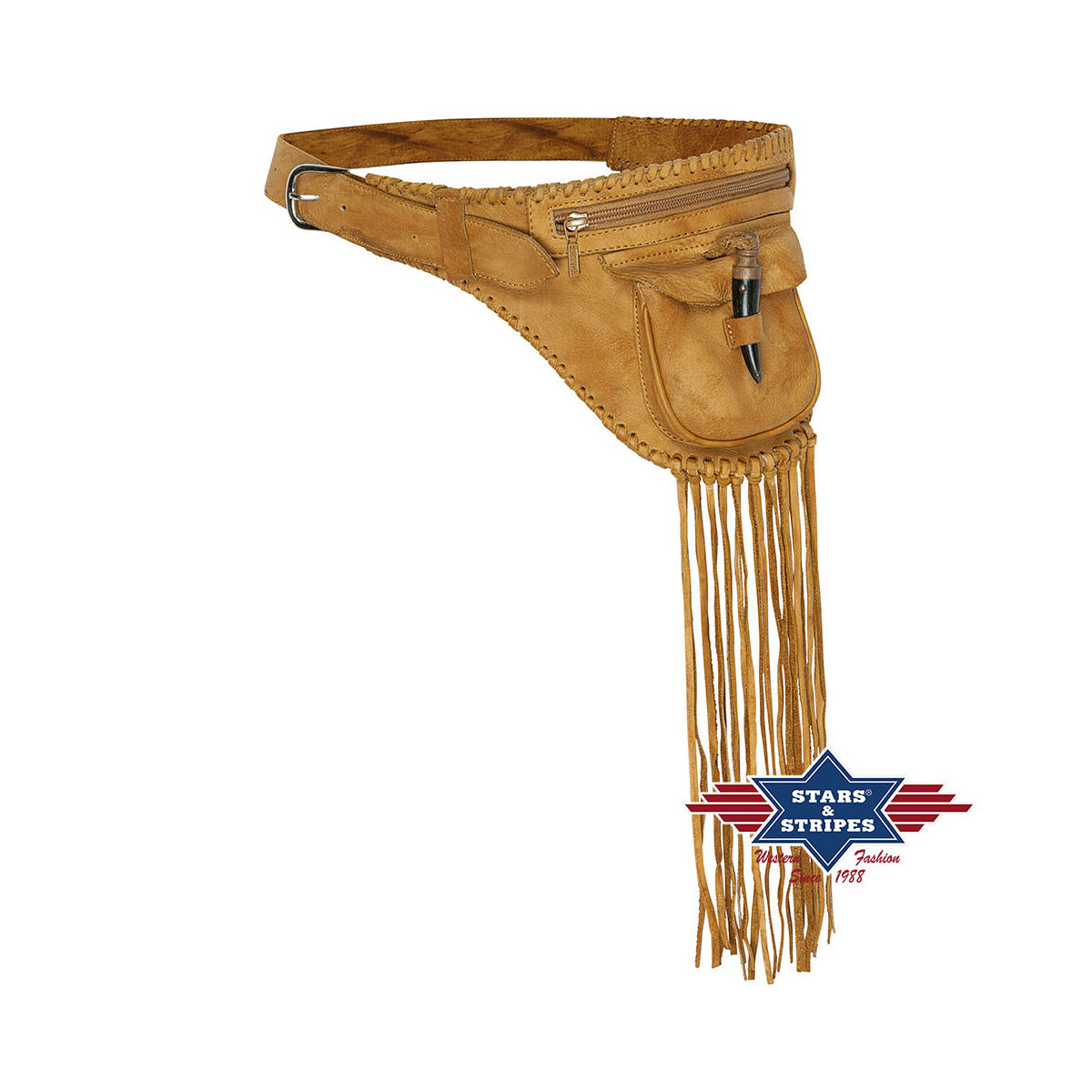 Rindsleder Hüfttasche mit Fransen, Hüfttasche, Reitertasche - beige von Stars & Stripes