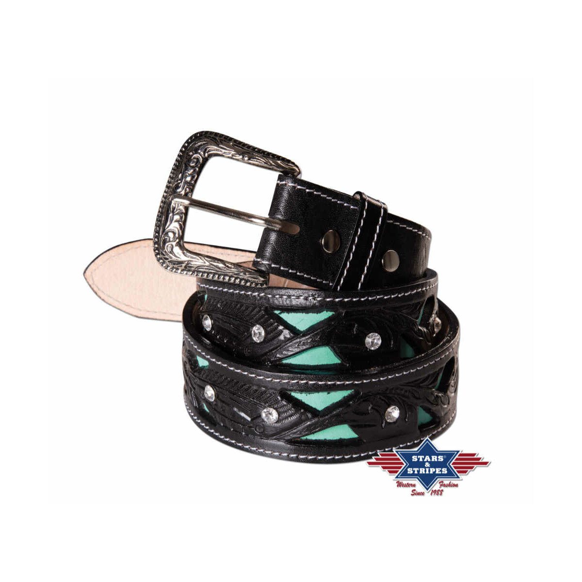 Schwarzer Damen Western Gürtel aus robusten Rindsleder mit Punzierung und Strasssteinen 44 inch von Stars & Stripes