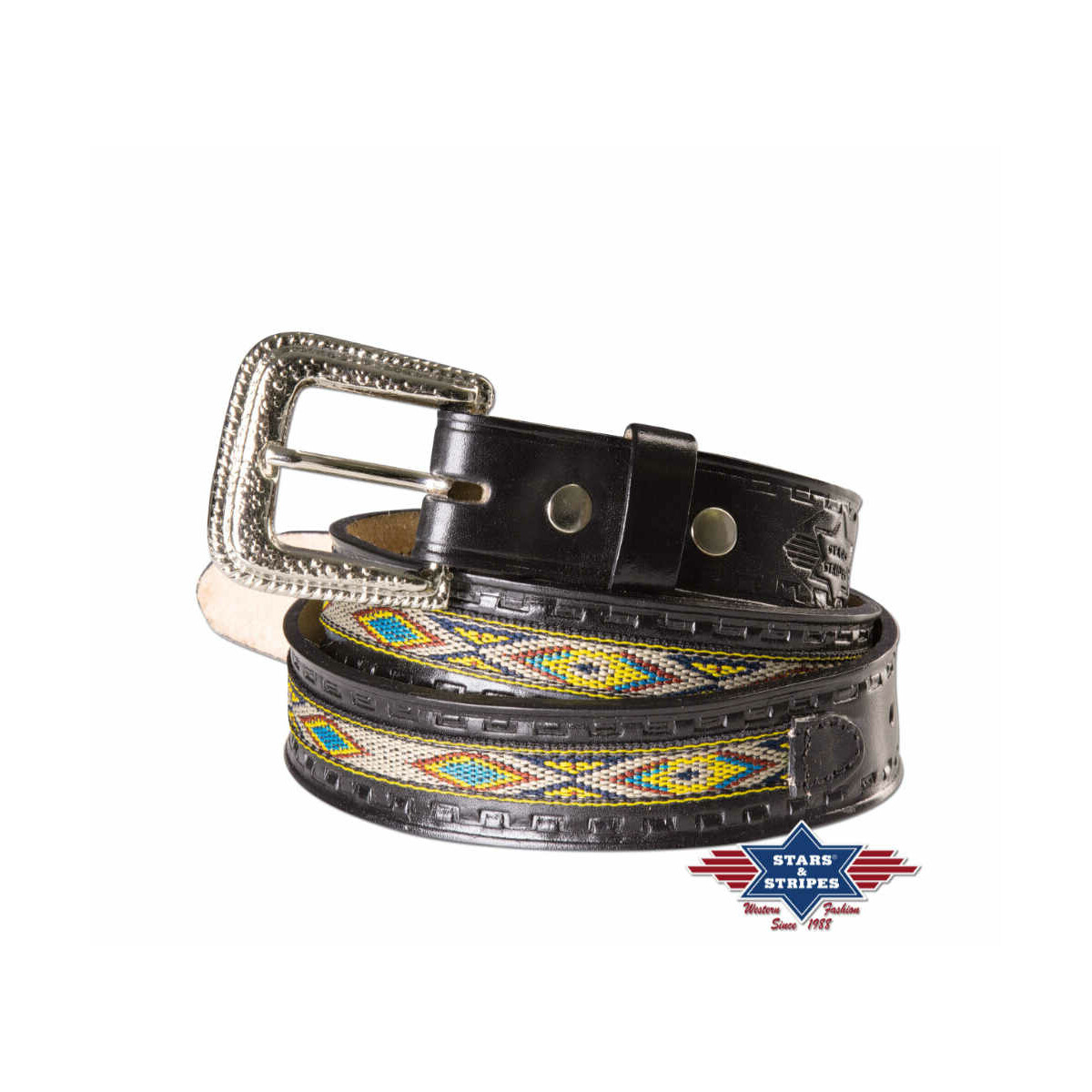 Schwarzer Western Gürtel aus robusten Rindsleder mit Indianer Motiven 32 inch von Stars & Stripes