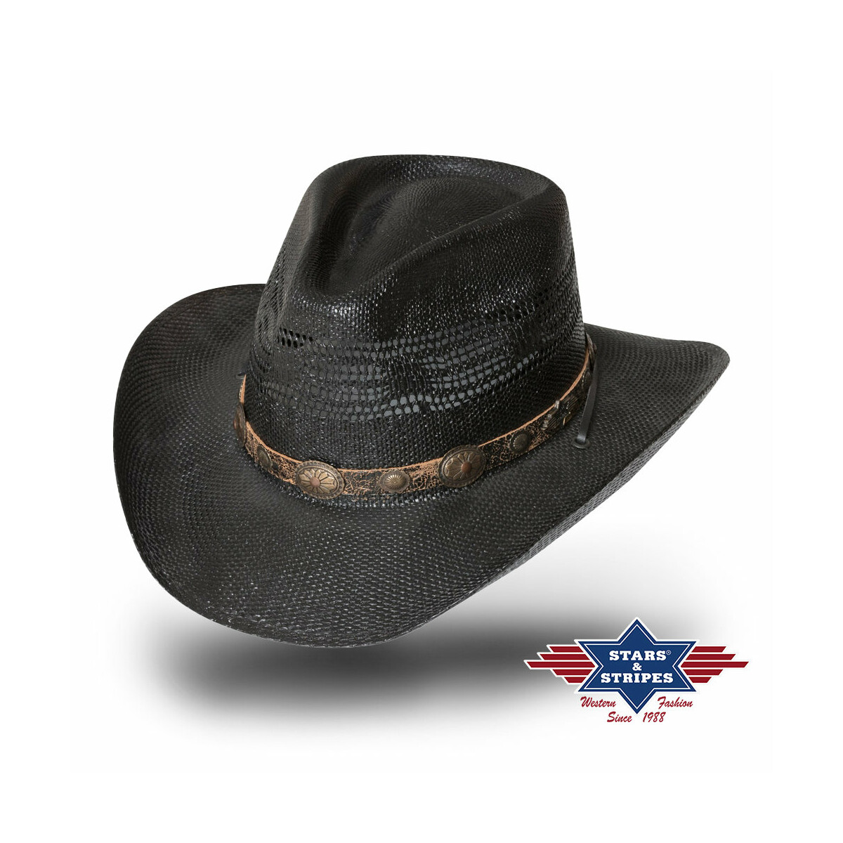 Strohhut Cowboyhut Westernhut Fresno" mit Lederhutband und Kinnband M" von Stars & Stripes