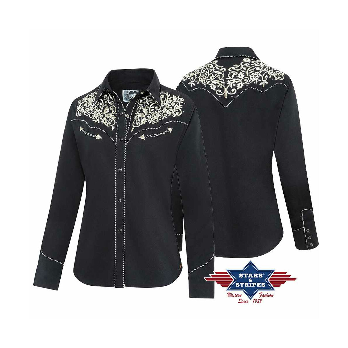 Westernbluse Damenbluse Holly v. Stars&Stripes schwarz mit Stickerei 3XL von Stars & Stripes