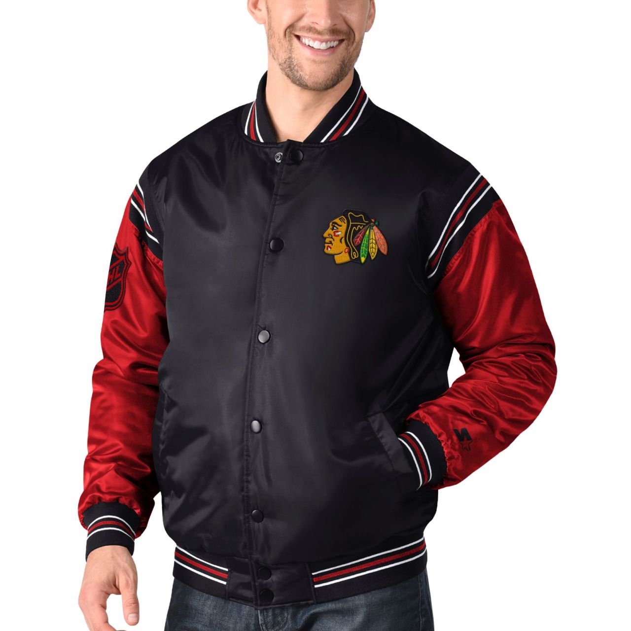 STARTER NHL Chicago Blackhawks ENFORCER Varsity Satin Jacke von Starter