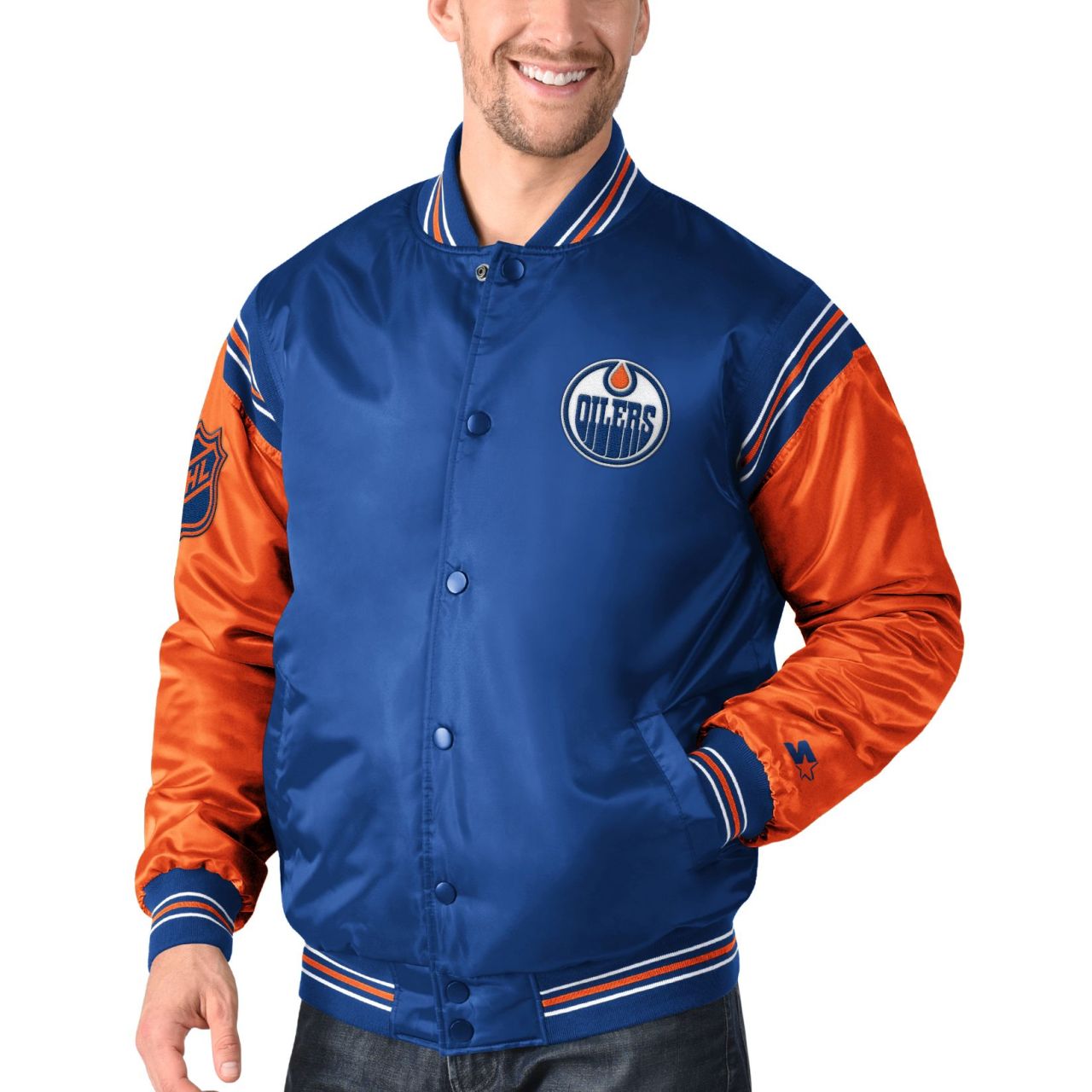 STARTER NHL Edmonton Oilers ENFORCER Varsity Satin Jacke von Starter