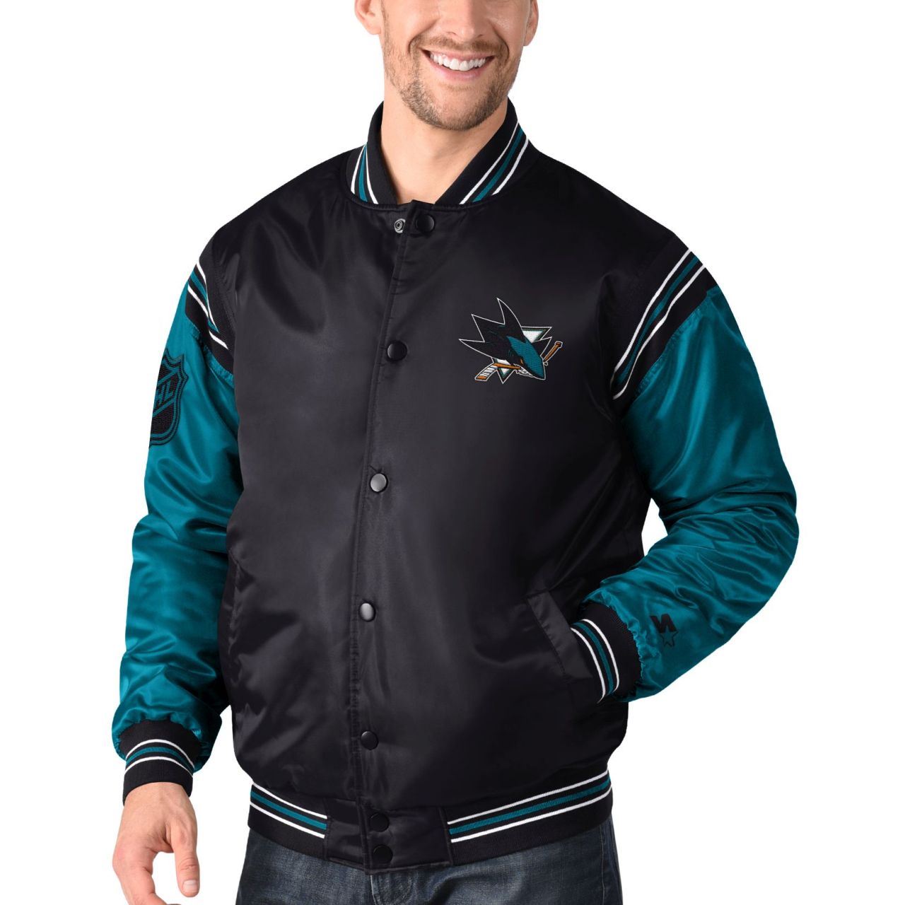 STARTER NHL San Jose Sharks ENFORCER Varsity Satin Jacke von Starter