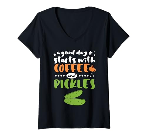 Damen Beginnt mit eingelegtem Kaffee und Gurken, Gemüse T-Shirt mit V-Ausschnitt von Starts With Coffee and Pickles