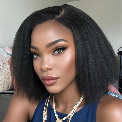 Perücke Echthaar für Damen Yaki Straight Glueless Wig Human Hair 4x4 Lace Wig Yaki Bob Human Hair Wig Perücke Damen Echthaar Geschenk für Sie 14 Zoll Natürliche Schwarze Perücke von Starwining