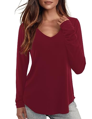 Starybirds T Shirt für Damen Lose Langarm Tunika V Ausschnitt Oberteile Bluse Weinrot S von Starybirds