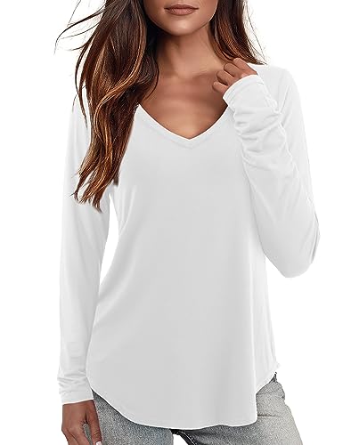 Starybirds Top Damen V Ausschnitt Lässige Tshirt Locker Langarm T-Shirt Weiß M von Starybirds