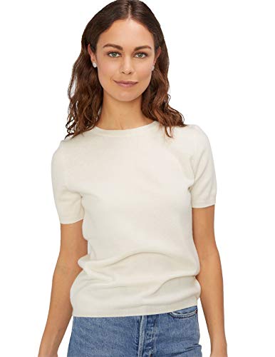 State Cashmere Damen-Pullover, kurzärmelig, Rundhalsausschnitt, 100 % reines Kaschmir, klassischer T-Shirt-Pullover, Weiß ungefärbt., X-Groß von State Cashmere