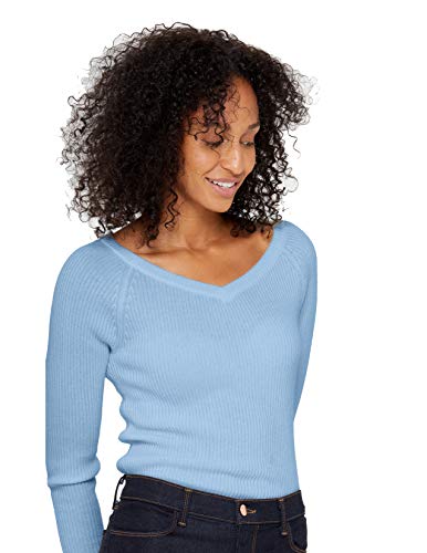 State Cashmere Damen Strickpullover mit V-Ausschnitt 100% reinem Kaschmir Feinstrick Langarm Rippen Pullover (L, Baby blau) von State Cashmere