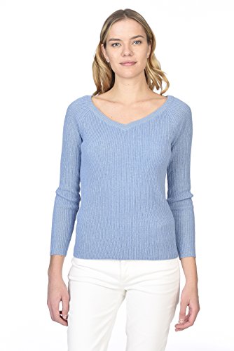 State Cashmere Damen Strickpullover mit V-Ausschnitt 100% reinem Kaschmir Feinstrick Langarm Rippen Pullover (L, Baby blau) von State Cashmere