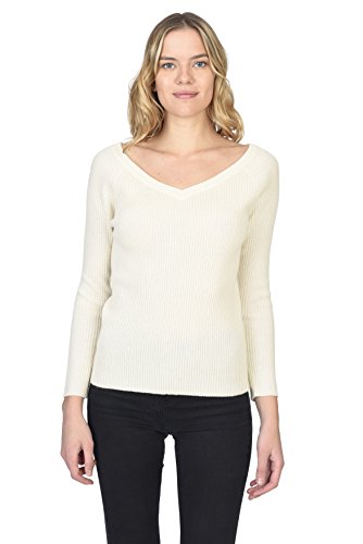 State Cashmere Damen Strickpullover mit V-Ausschnitt 100% reinem Kaschmir Feinstrick Langarm Rippen Pullover (L, Elfenbein) von State Cashmere