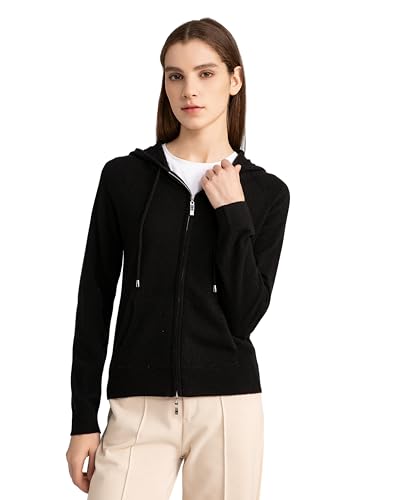 State Cashmere Damen durchgehendem Reißverschluss Kapuzenpullover 100% Reiner Kaschmir Langarm Pulli mit Fronttasche (Large, Schwarz) von State Cashmere