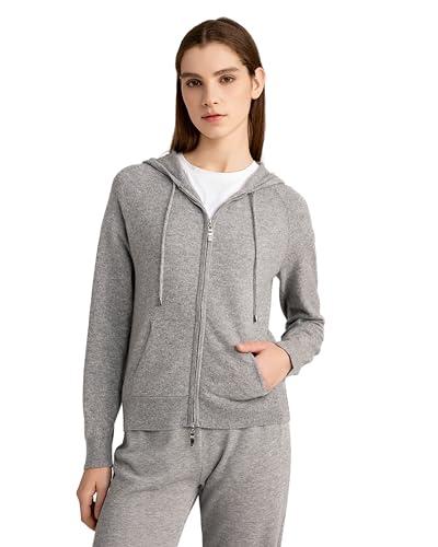 State Cashmere Damen durchgehendem Reißverschluss Kapuzenpullover 100% Reiner Kaschmir Langarm Pulli mit Fronttasche (X-Large, Heidekrautgrau) von State Cashmere