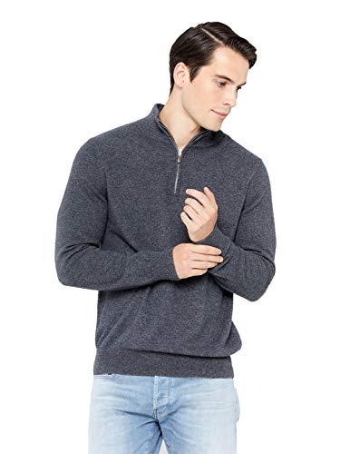 State Cashmere Herren Troyer Pullover mit Stehkragen und Viertel-Reißverschluss 100% reines Kaschmir Feinstrick Langarm Pulli (Medium, Holzkohle) von State Cashmere