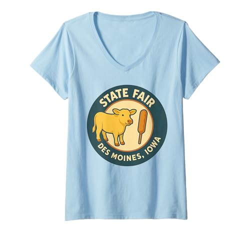 Damen State Iowa Fair Shirt des Moines Kuh Mais Hund Vintage T-Shirt mit V-Ausschnitt Damen State Iowa Fair Shirt des Moines Kuh Mais Hund Vintage T-Shirt mit V-Ausschnitt von State Iowa Fair Tee Shirts for Food Fans