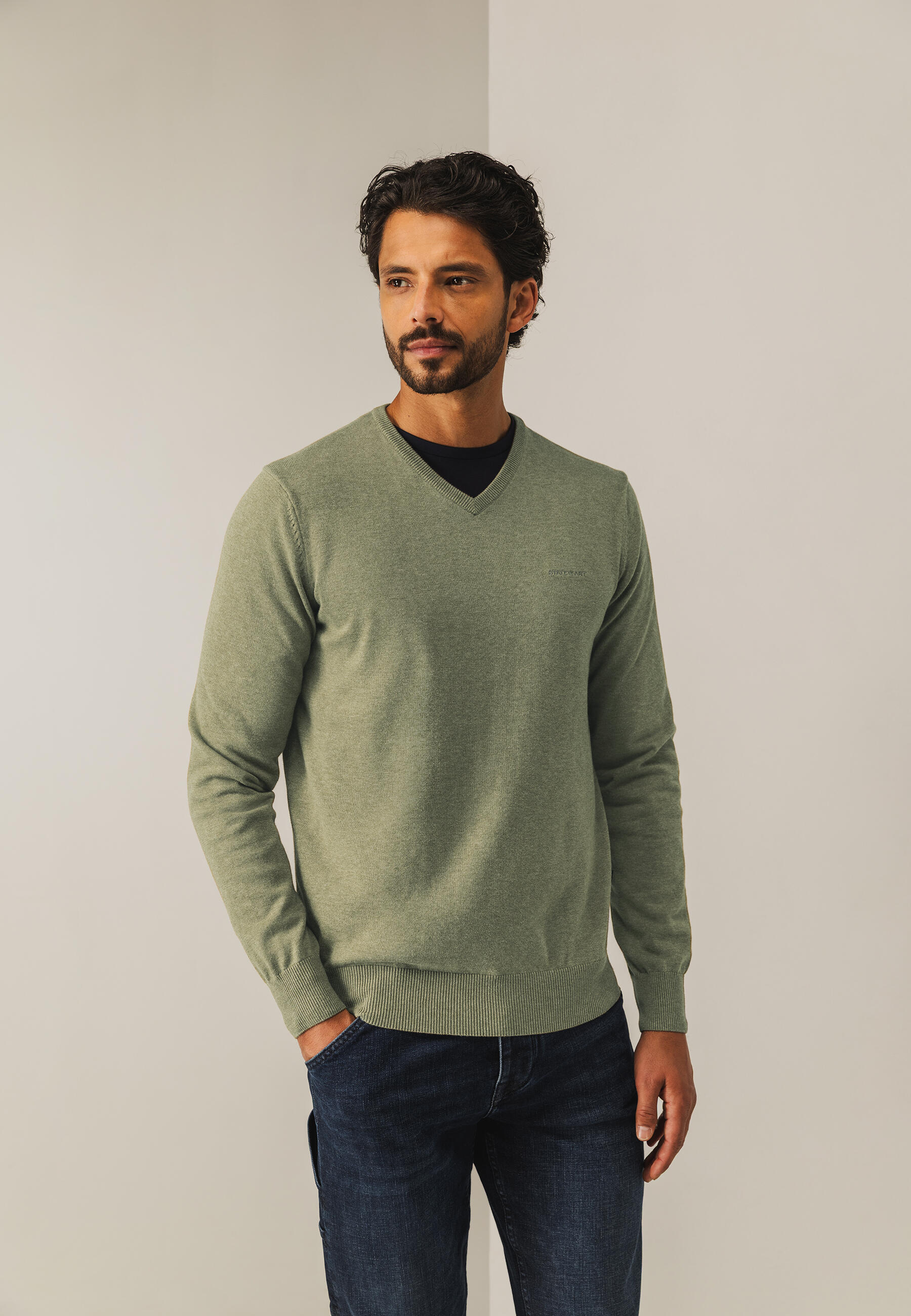 State of Art - Baumwollpullover mit V-Ausschnitt olivgr�n uni - Gr. - L von State of Art
