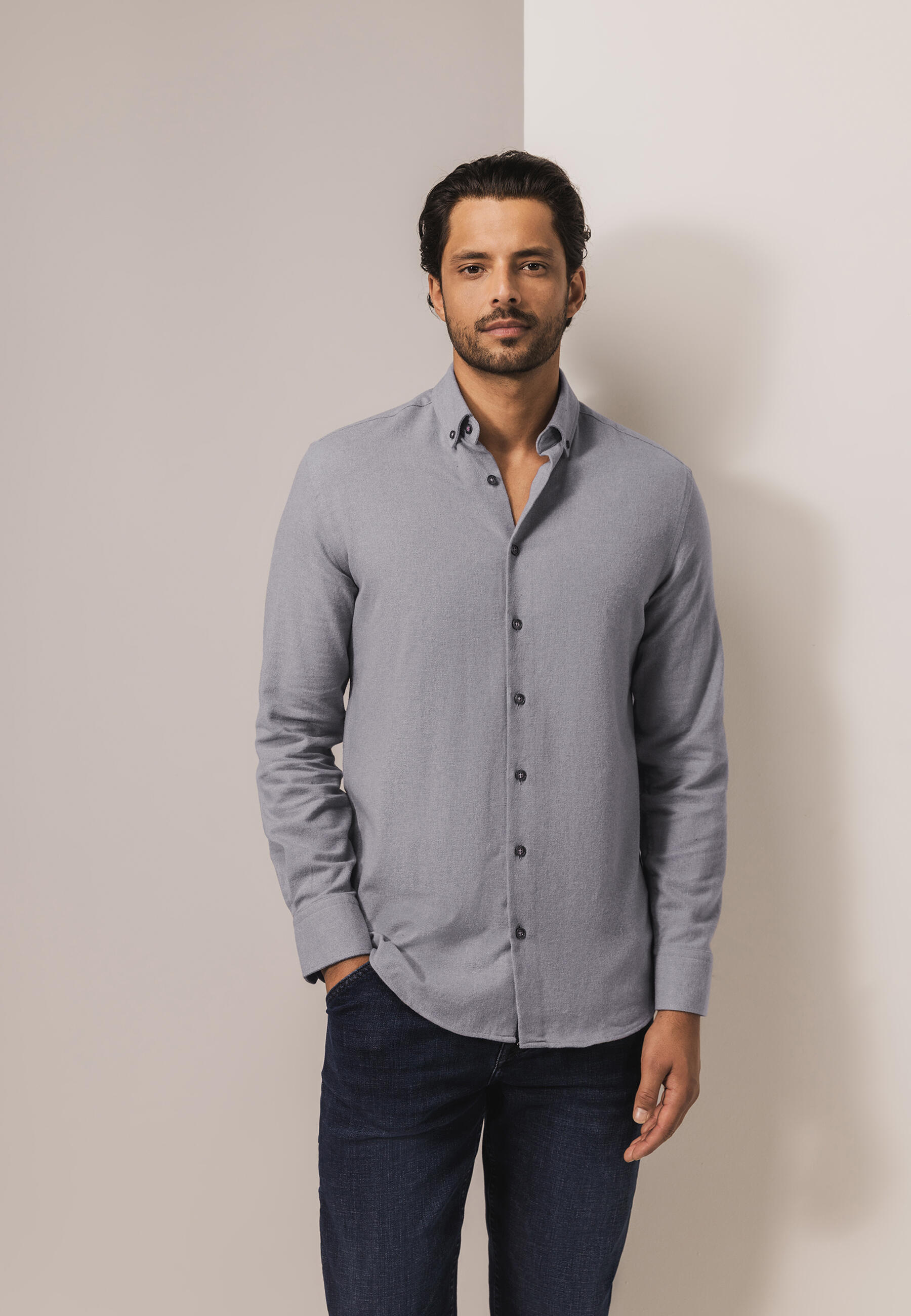 State of Art - Hemd mit Button-Down-Kragen hellgrau/hellbeige - Gr. - XL von State of Art