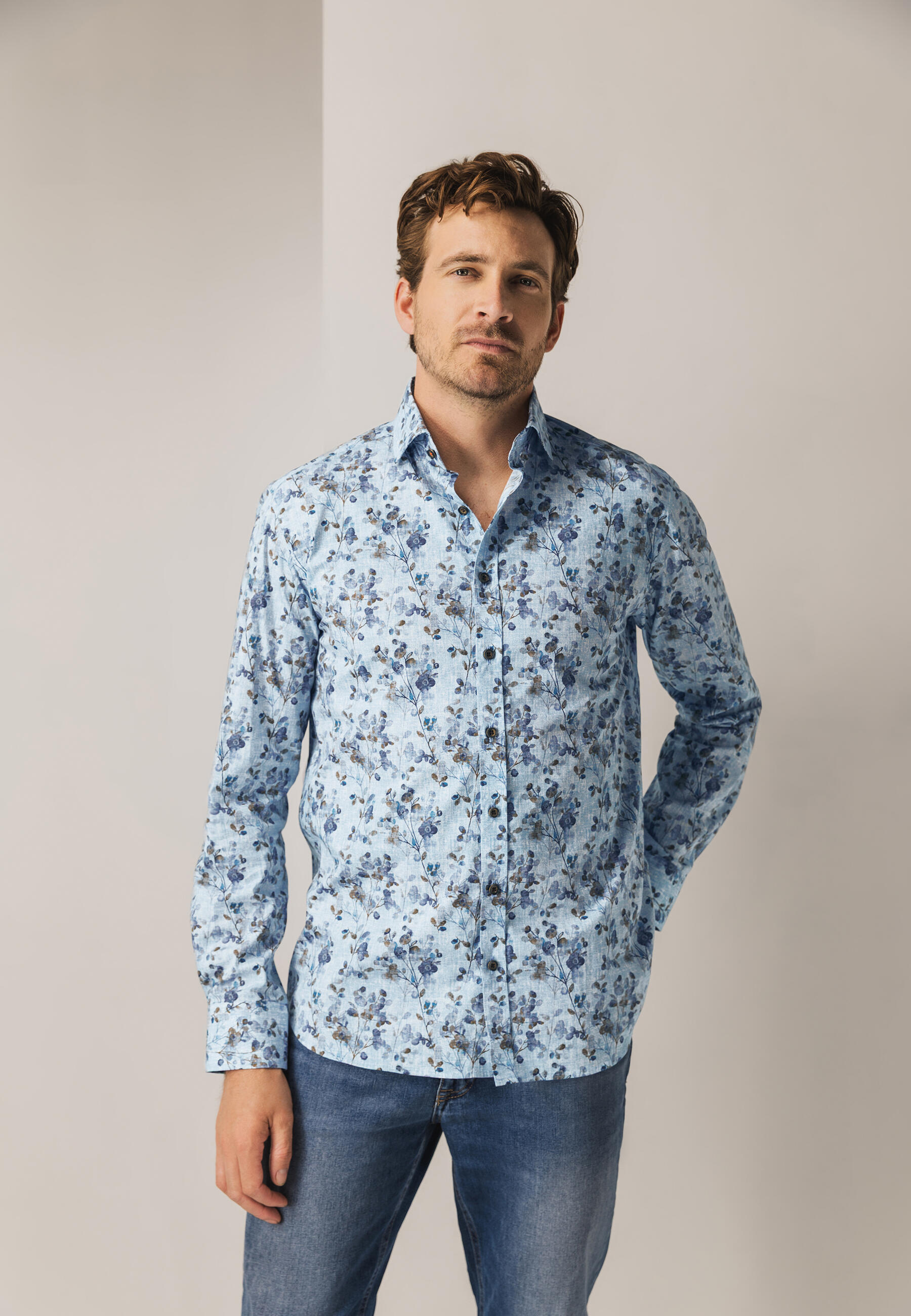 State of Art - Hemd mit botanischem Print grau-blau/kamel - Gr. - XXL von State of Art