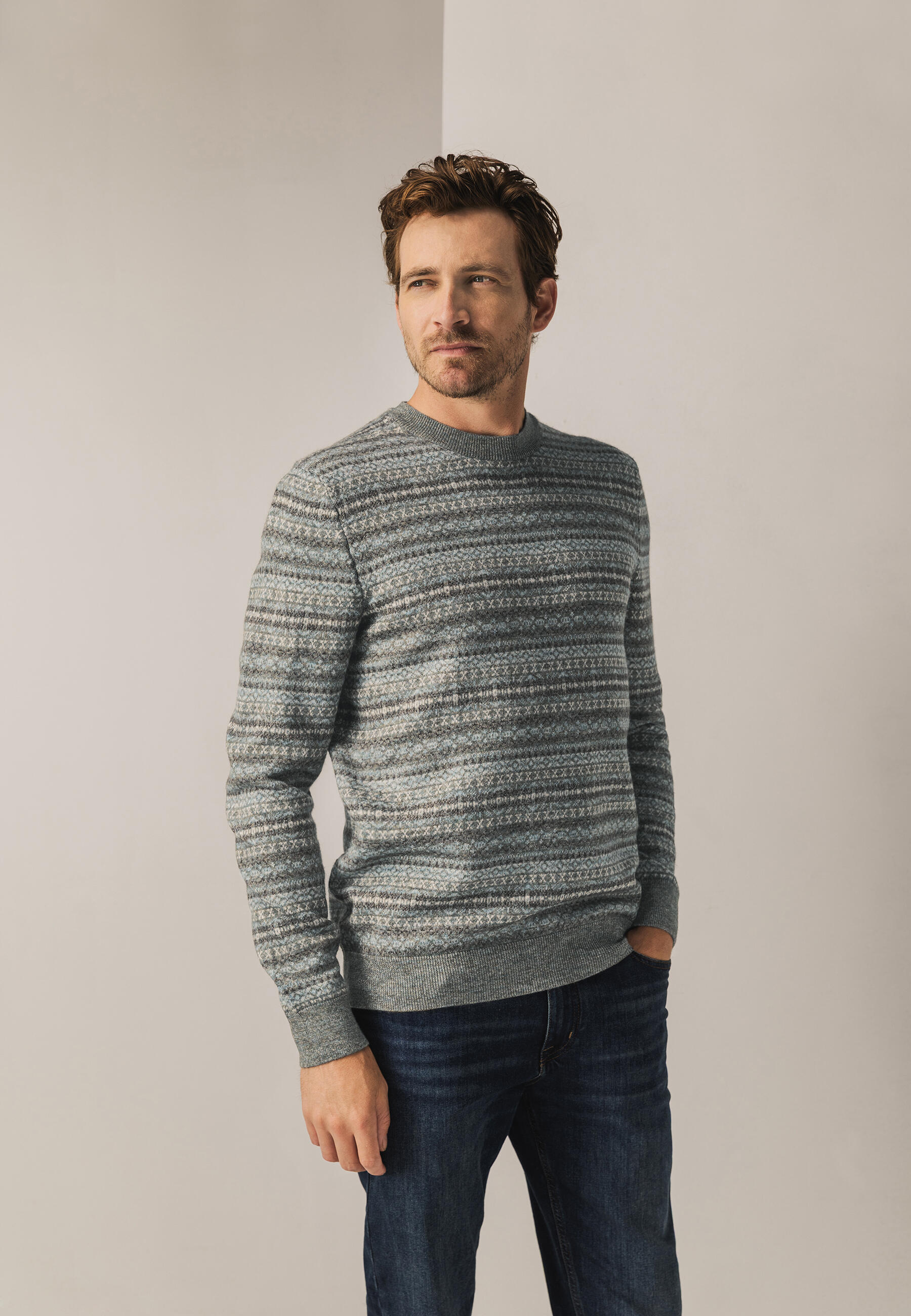 State of Art - Jacquard-Pullover mit Rundhalsausschnitt grau-blau/braun - Gr. - L von State of Art