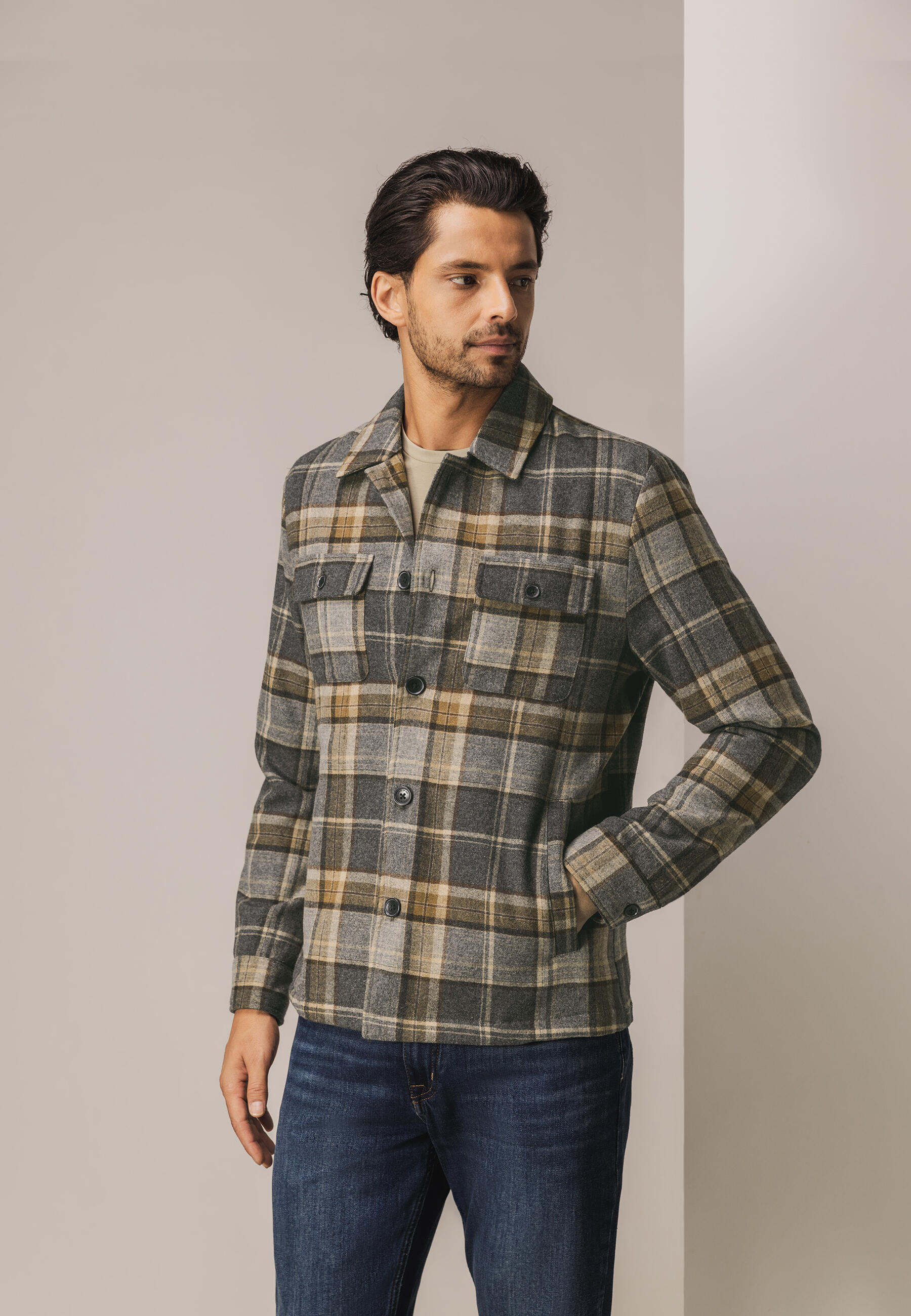 State of Art - Kariertes Overshirt aus Wollmischung mittelgrau/braun - Gr. - XL von State of Art