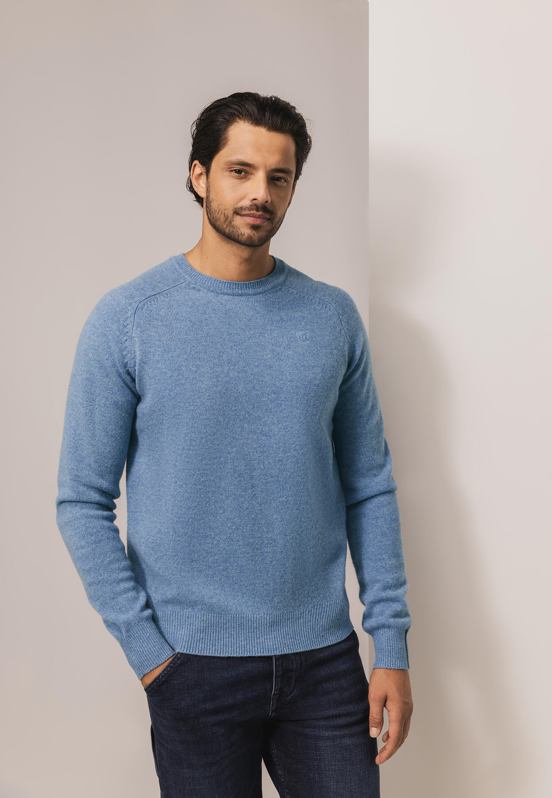State of Art - Lammwollpullover mit Sattelschultern grau-blau uni - Gr. - L von State of Art