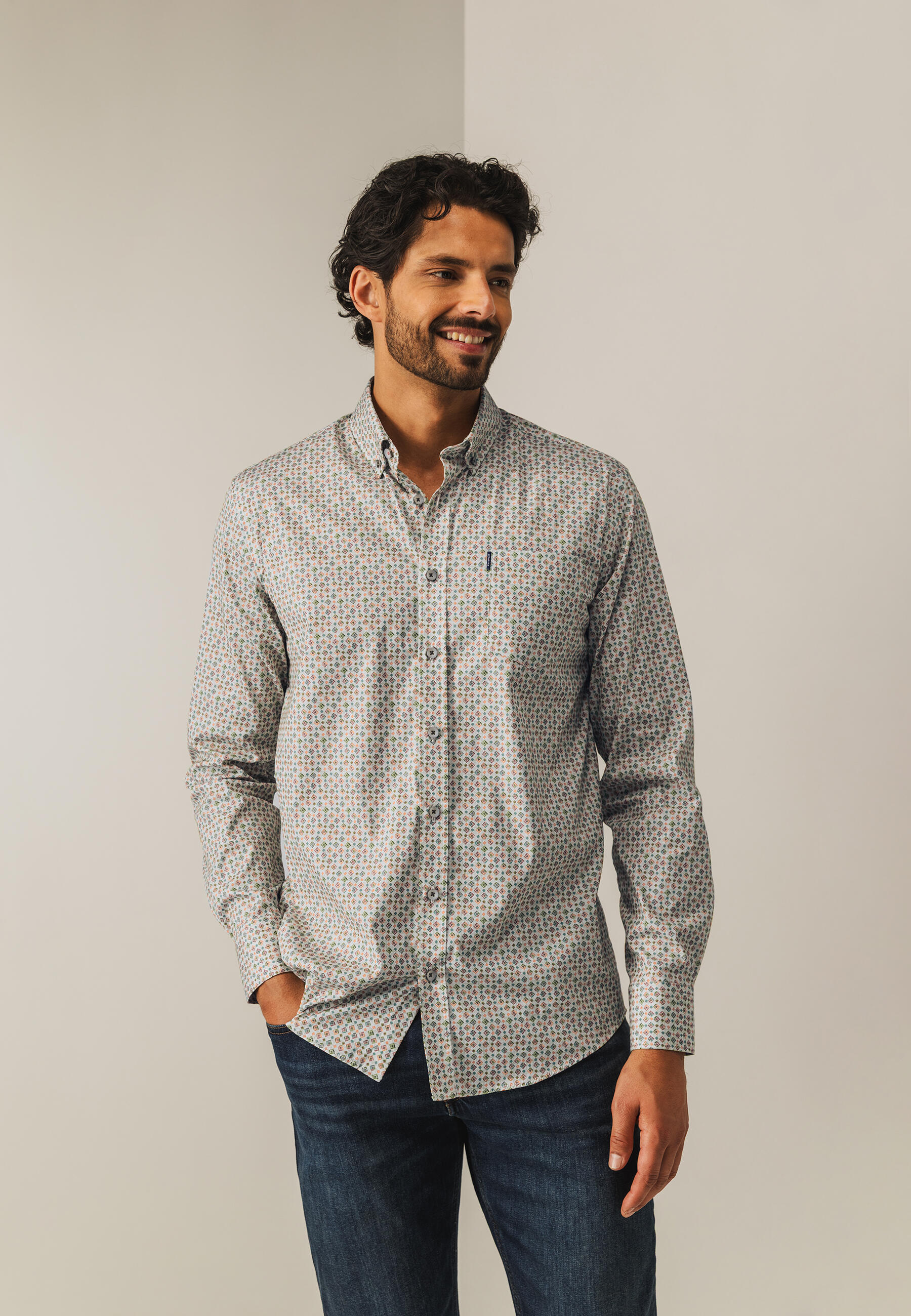 State of Art - Popeline-Hemd mit Allover-Druck hellbeige/blattgr�n - Gr. - XXL von State of Art