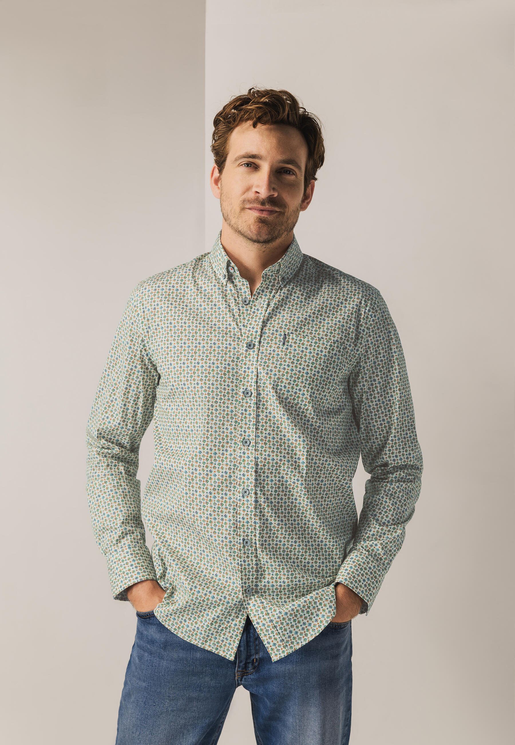 State of Art - Popeline-Hemd mit Allover-Druck hellbeige/kamel - Gr. - XL von State of Art