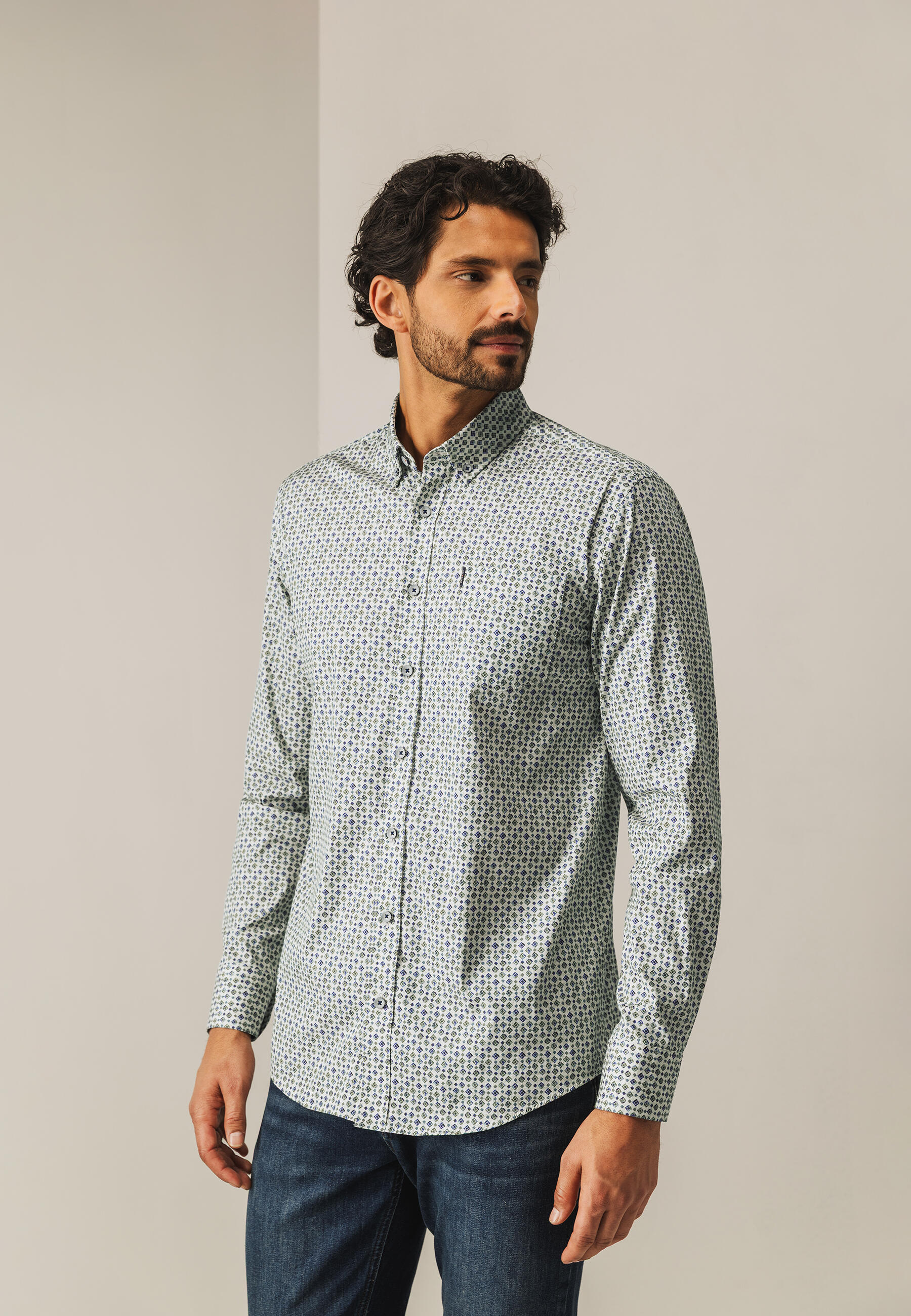 State of Art - Popeline-Hemd mit Allover-Druck hellbeige/kobalt - Gr. - L von State of Art