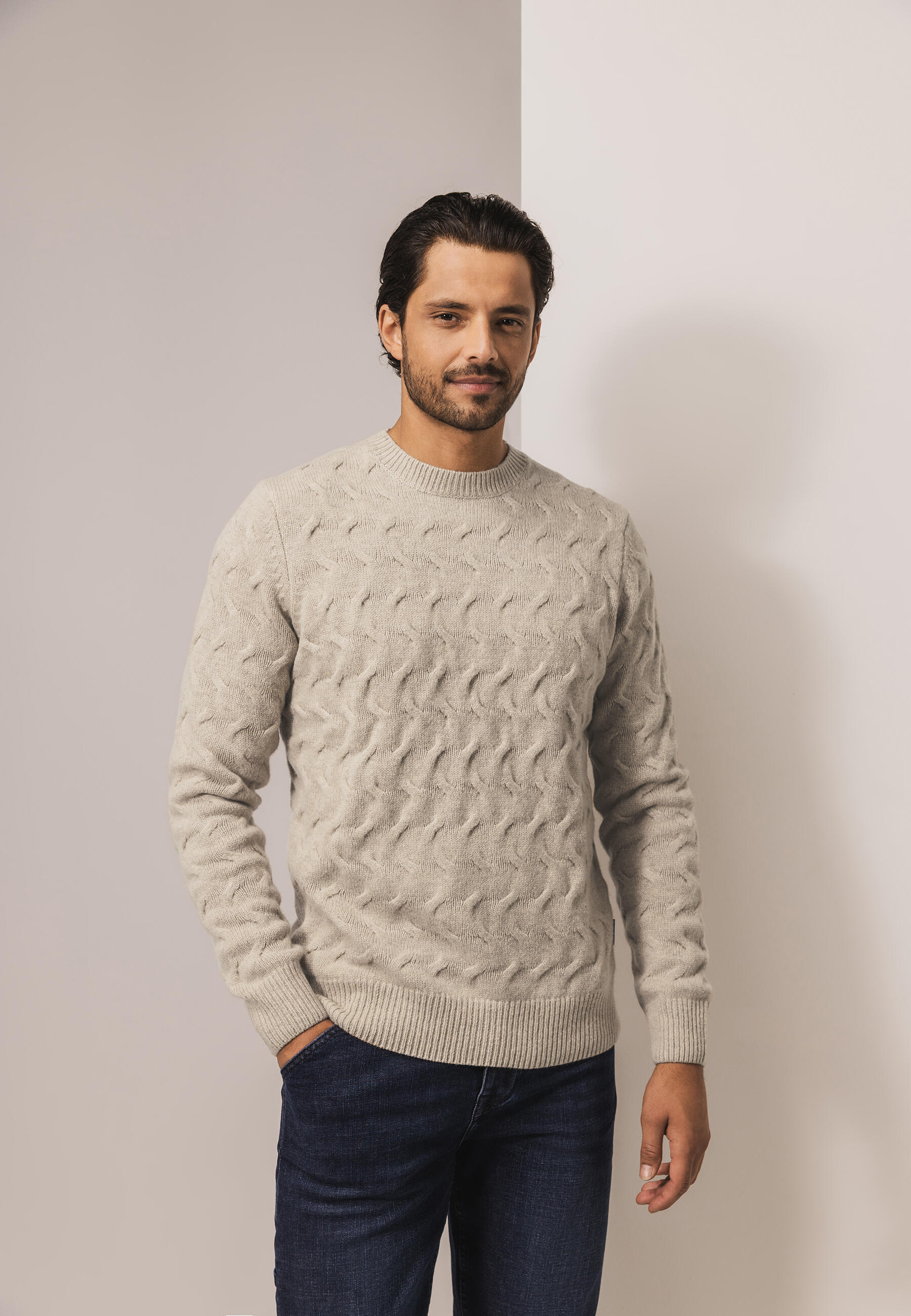 State of Art - Strickpullover mit Rundhalsausschnitt sepia uni - Gr. - M von State of Art