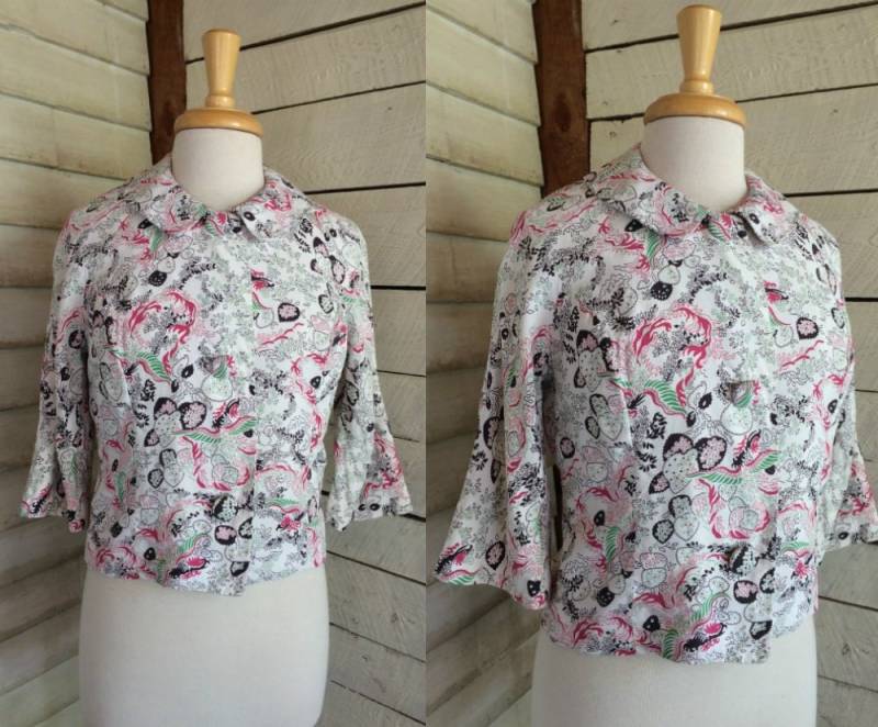 50Er Jahre Blusenjacke - Große, Bezogene Knöpfe Komplett Gefüttert Abstraktes Muster Anfang Der 60Er von StateAndMainVintage