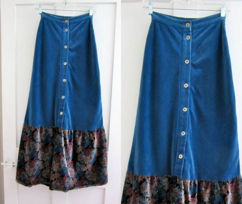 Samt Maxi Rock - Xs Hippie Langer Floral Große Rüsche Xxs Schräg Geschnitten von StateAndMainVintage
