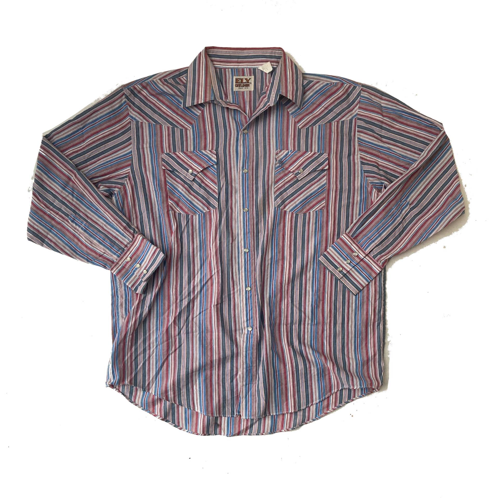 Vintage 80Er Jahre Cowboy Westernhemd Blau Rot Grau Gestreift Gr. L Von Ely Cattleman von StateSideVintageUK