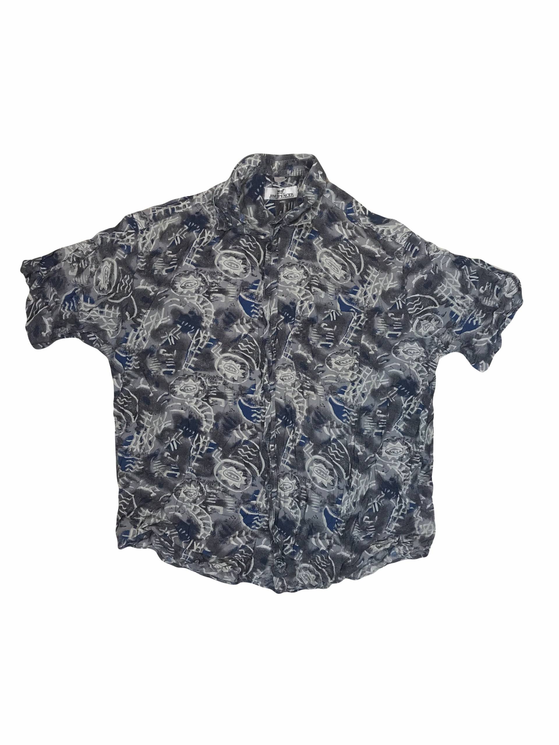 Vintage 90's Charcoal Grau Blaues Gewelltes Hässliches Abstraktes Muster Hawaii Hemd Oversized Medium Von Jim Spencer von StateSideVintageUK