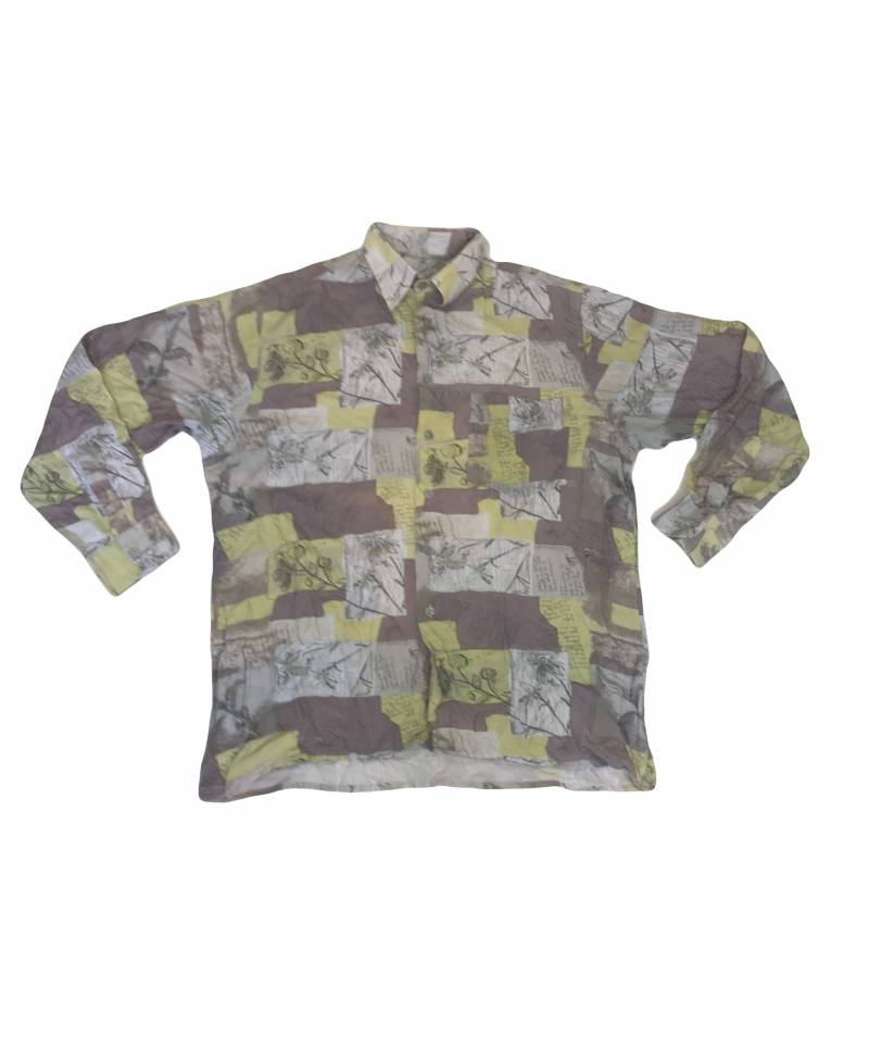 Vintage 90Er Braun Gelb Pastell Blumen Scrapbook Zeichnung Muster Druck Langarm Shirt Größe Groß von StateSideVintageUK