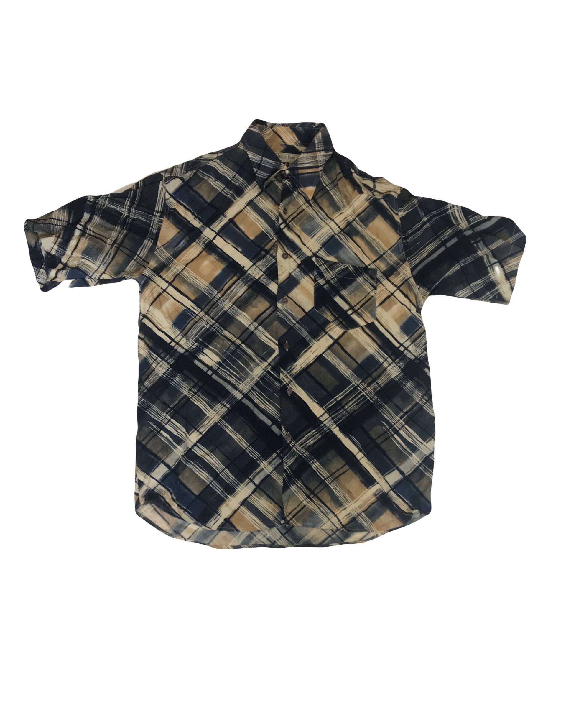 Vintage 90Er Jahre Beige Marineblau Wellige Ugly Karo Muster Abstrakt Print Shirt Gr. Xl von StateSideVintageUK