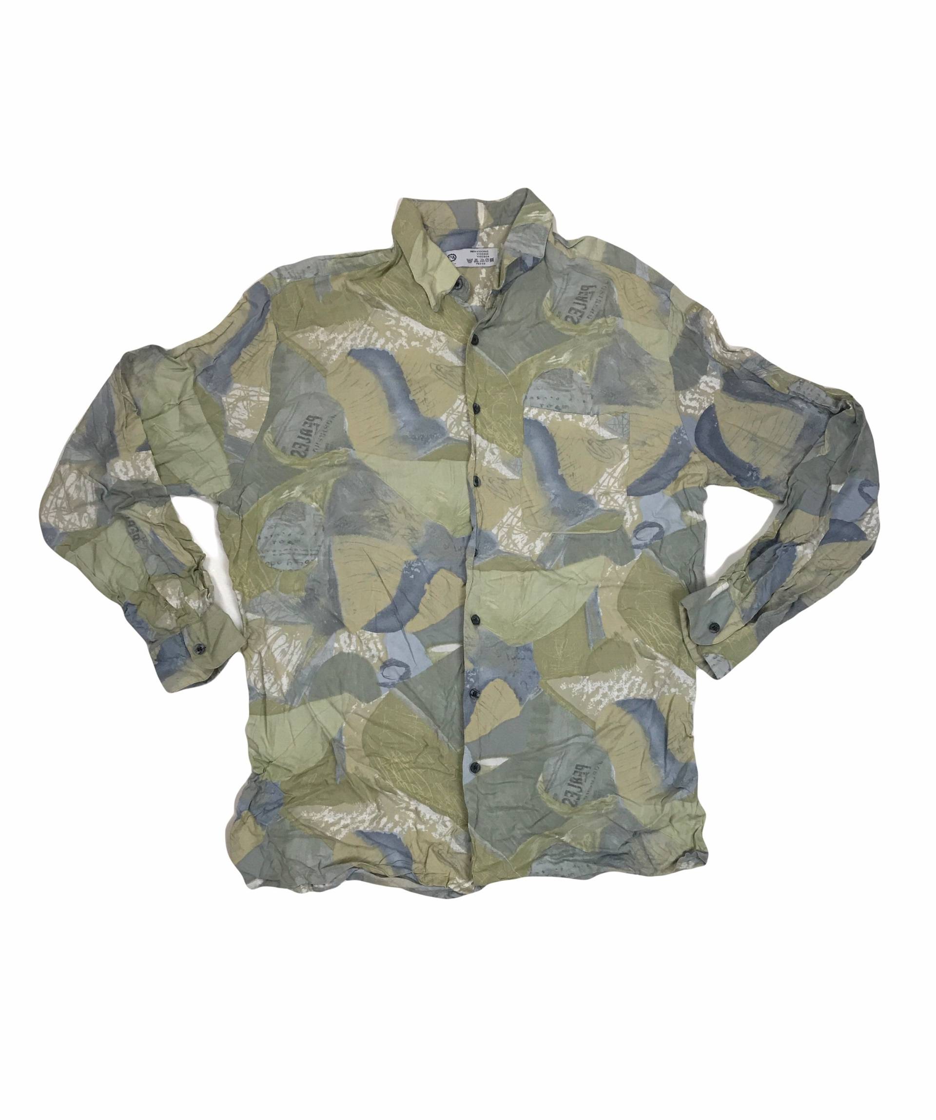 Vintage 90Er Jahre C&a Hell Olivgrün Aquarell Abstrakt Pastell Pflanzendruck Viskose Shirt Größe Groß von StateSideVintageUK