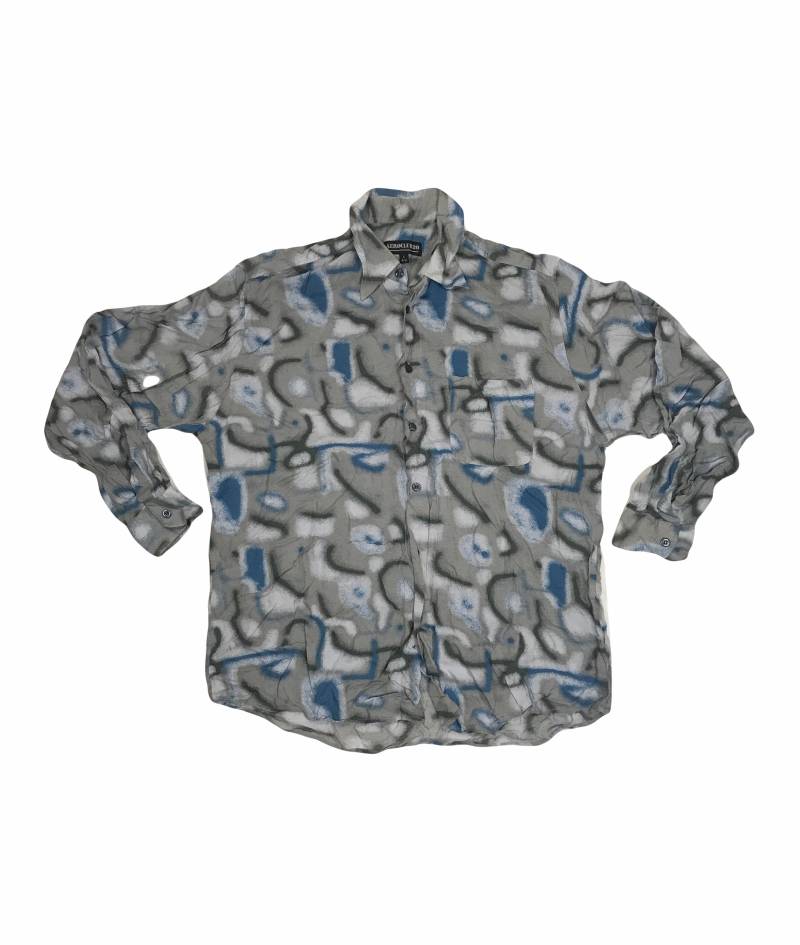 Vintage 90Er Jahre Grau Blau Psychedelic Wellenförmiges Muster Langarm Viskose Shirt Größe Groß von StateSideVintageUK