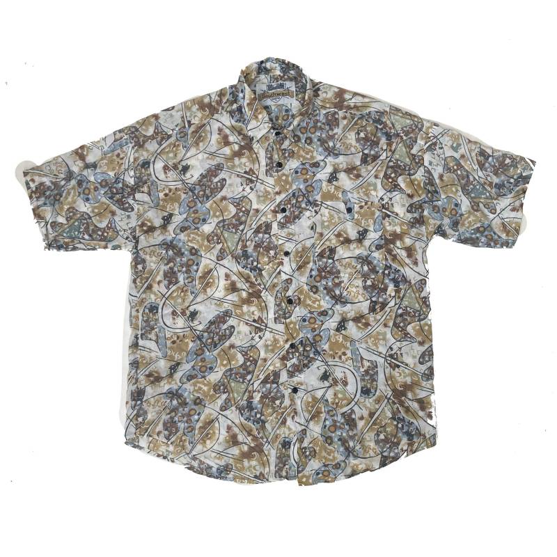 Vintage 90Er Jahre Kurzarm Weiß Beige Pastel Scrapbook Muster Shirt Mit Abstraktem Print Gr. L von StateSideVintageUK